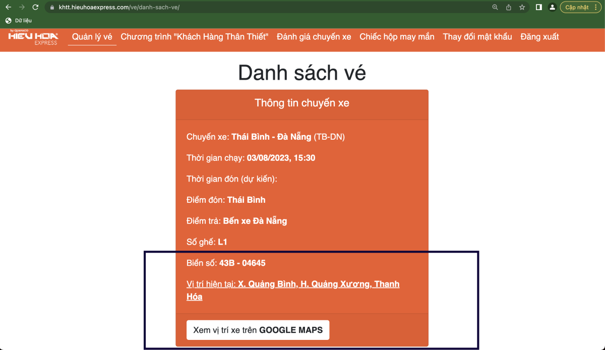 lịch tr&igrave;nh xe hiếu hoa