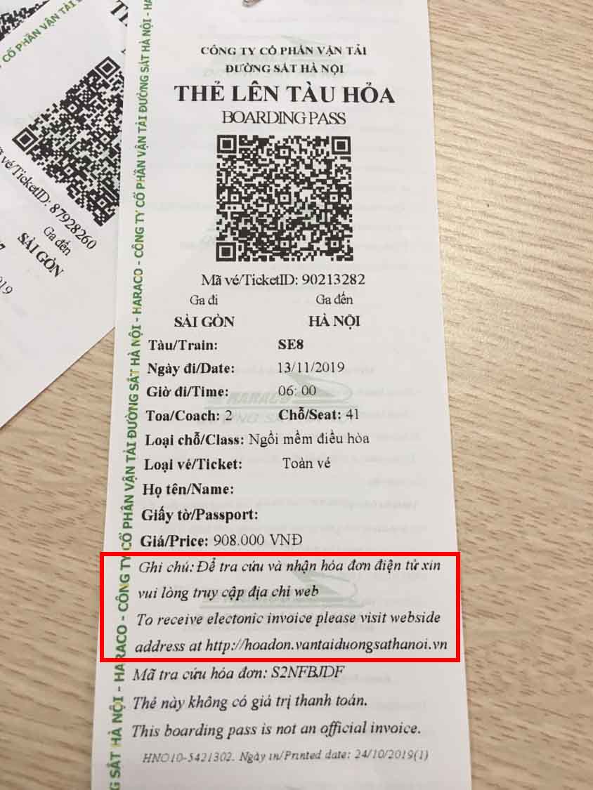 In hóa đơn vé tàu