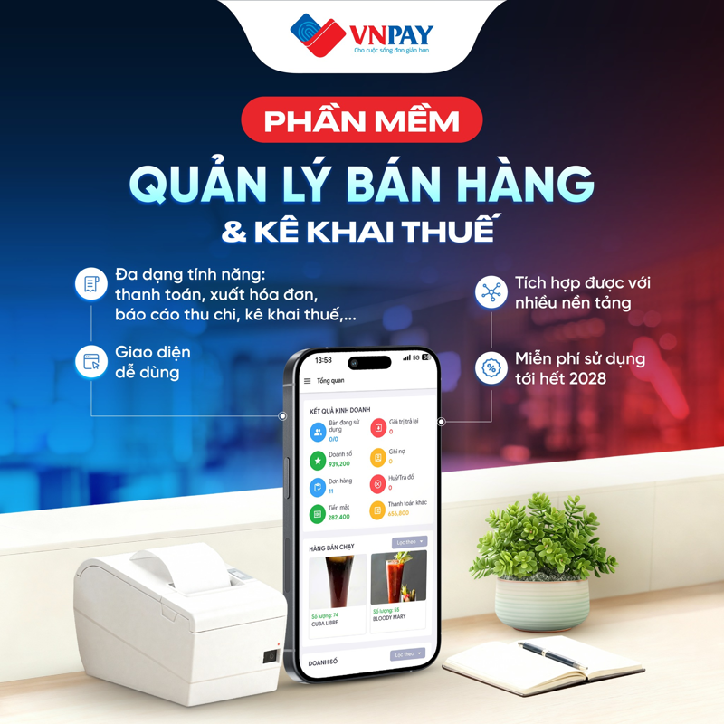 VNPAY tích hợp các tính năng quản lý bán hàng, xuất hóa đơn điện tử và kê khai thuế trên cùng một nền tảng, hỗ trợ nộp thuế dễ dàng, thuận tiện và chính xác hơn