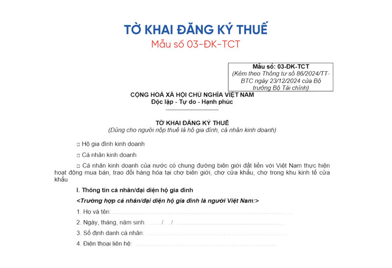 Luồng 2 y&ecirc;u cầu hộ kinh doanh nộp tờ khai đăng k&yacute; thuế mẫu 03-ĐK-TCT k&egrave;m giấy ph&eacute;p kinh doanh v&agrave; giấy tờ c&aacute; nh&acirc;n tại Chi cục Thuế