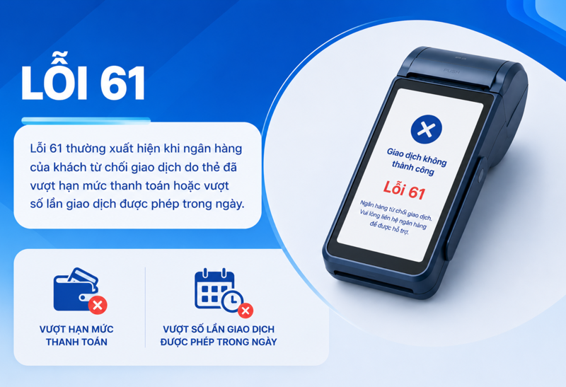 Lỗi 61 thường xuất hiện khi giao dịch vượt hạn mức hoặc vượt số lần thanh to&aacute;n cho ph&eacute;p của thẻ
