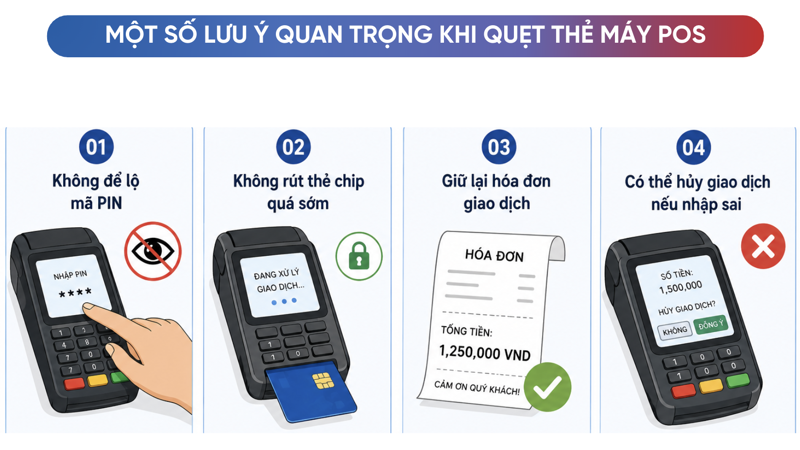 Tuân thủ các lưu ý khi quẹt thẻ máy POS giúp giao dịch diễn ra an toàn, chính xác và hạn chế các rủi ro trong quá trình thanh toán
