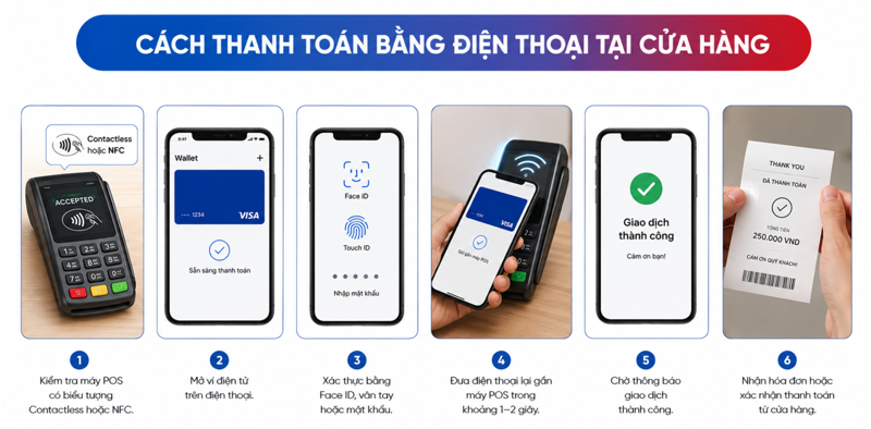 Người d&ugrave;ng c&oacute; thể ho&agrave;n tất giao dịch chỉ bằng thao t&aacute;c chạm điện thoại v&agrave;o m&aacute;y POS hỗ trợ NFC
