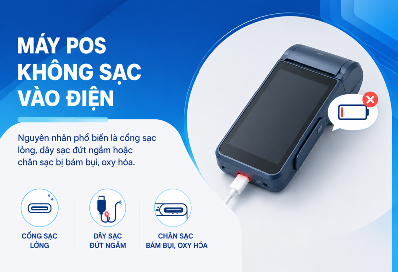 Người d&ugrave;ng n&ecirc;n kiểm tra cổng sạc, d&acirc;y sạc v&agrave; nguồn điện khi m&aacute;y POS kh&ocirc;ng nhận sạc
