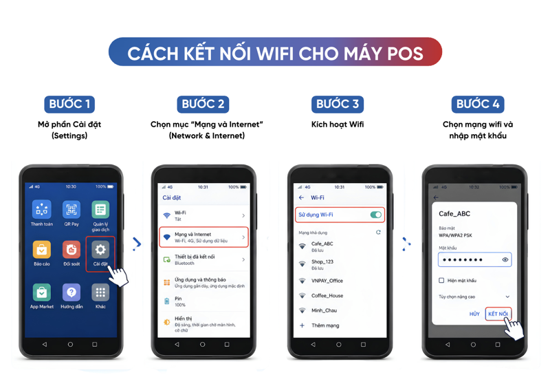 Kết nối wifi cho máy POS chỉ mất vài bước đơn giản thông qua phần cài đặt để thiết bị sẵn sàng thực hiện giao dịch thanh toán